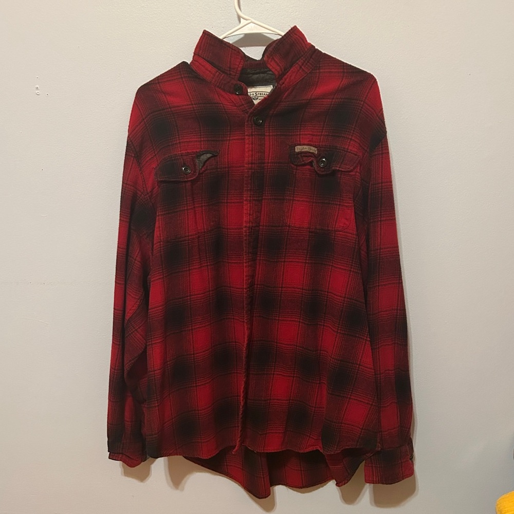 men's 2XL red & black plaid long sleeve button down